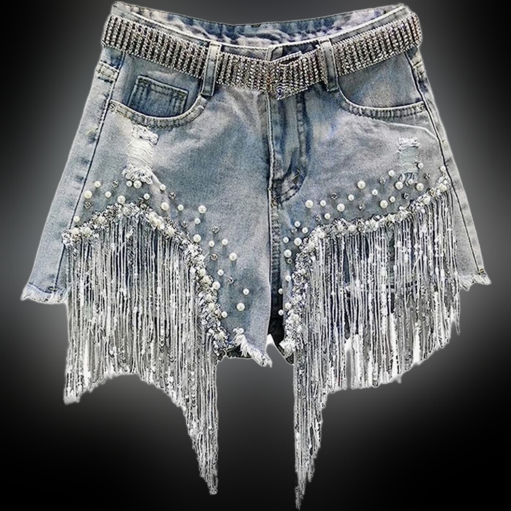 Denim Shorts with Heavy Beaded Sequin Fringed Ripped Shorts